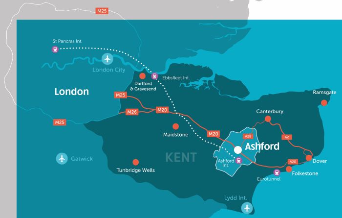 Ashford is located in the heart of Kent, only 38 mins from London